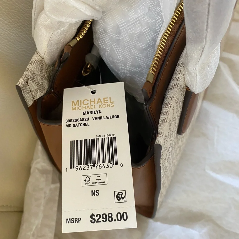 NWT Michael Kors Marilyn Vanilla/Luggage Satchel Crossbody Design MSRP $298